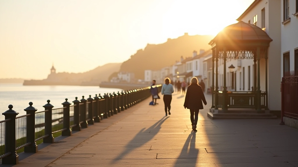 Scenic coastal walking path with Victorian architecture and ocean views