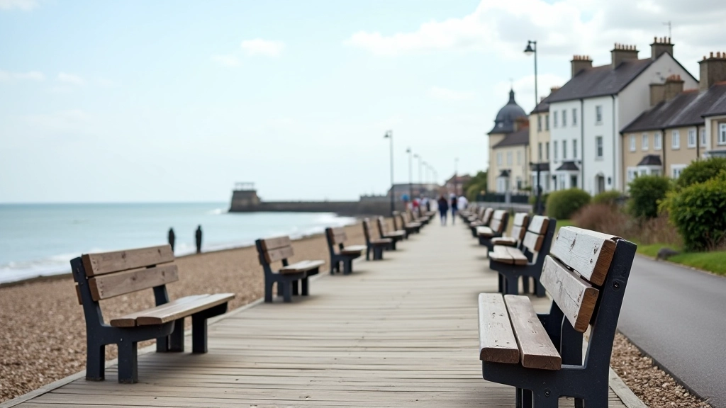 Scenic coastal promenade with wooden benches overlooking the sea, Victorian architecture visible, peaceful seaside setting