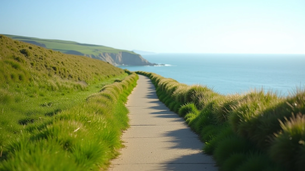 Walking path through green coastal landscape with distant sea views