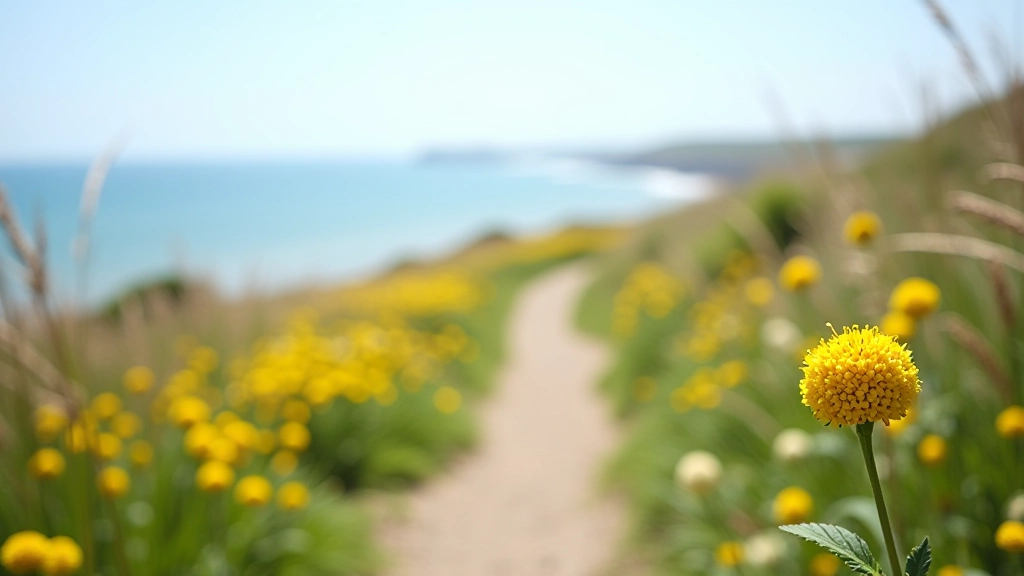 Coastal vegetation and wildflowers along the cliff walking path