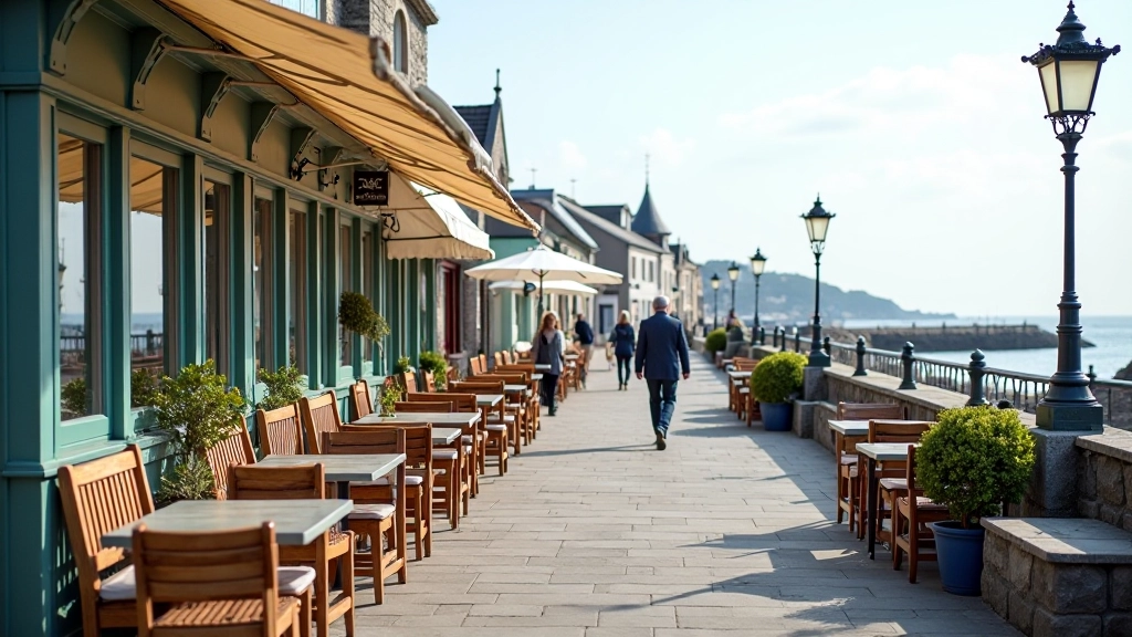 Charming seaside café with outdoor seating overlooking the promenade, Victorian buildings, outdoor tables and chairs