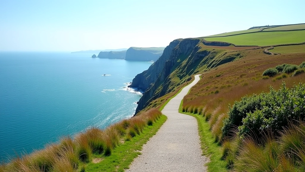 Dramatic coastal cliff walk with sea views and walking path along clifftop