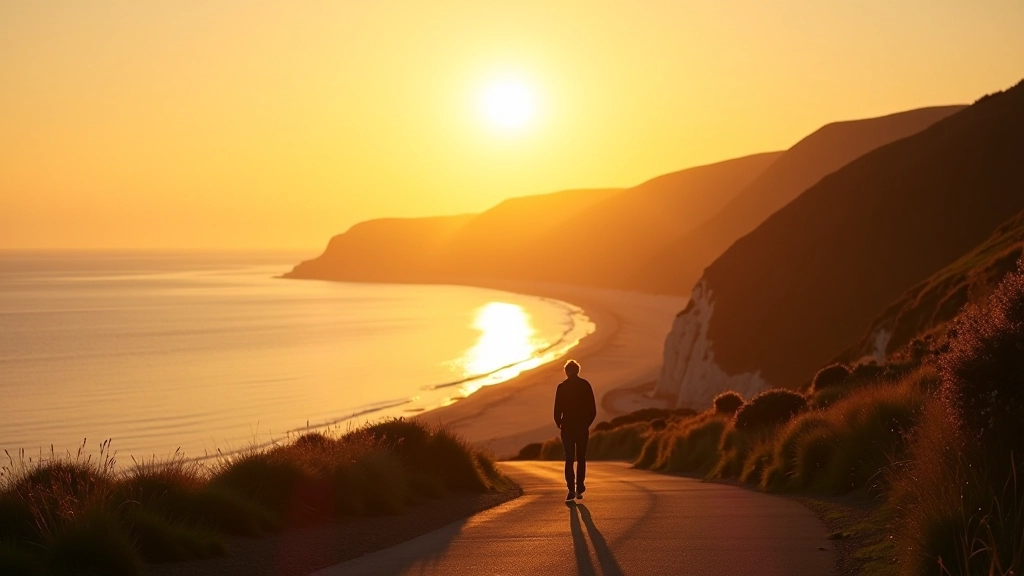 Sunset over Irish coastal landscape from walking path with golden light