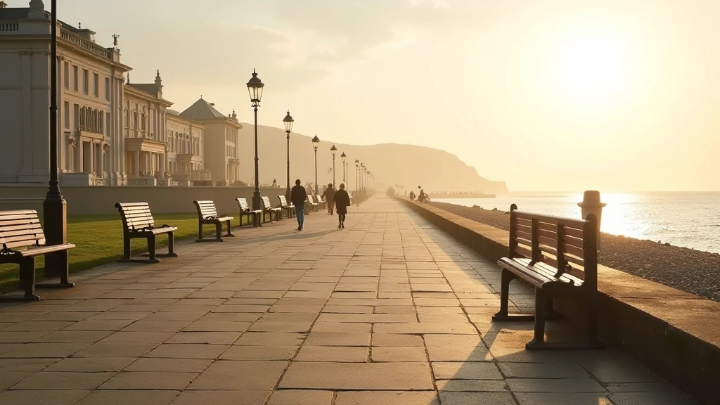 Peaceful morning view of empty promenade with benches, calm sea, soft light, Victorian buildings silhouetted against sky