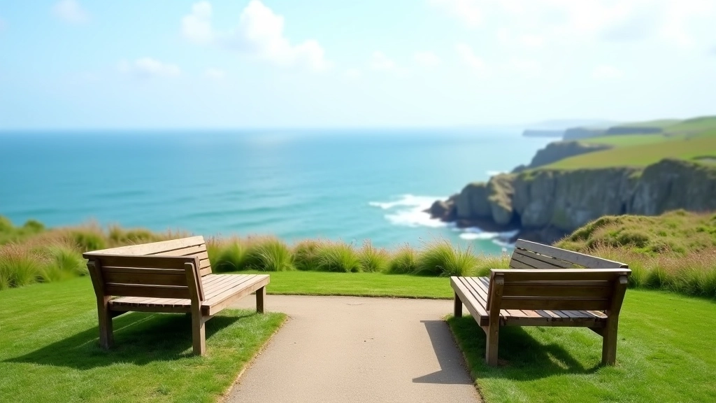 Scenic overlook along Greystones coastal cliff path with benches and sea view