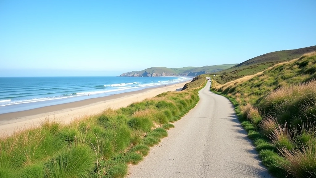 Bray to Greystones coastal path with beach, water, and distant cliffs