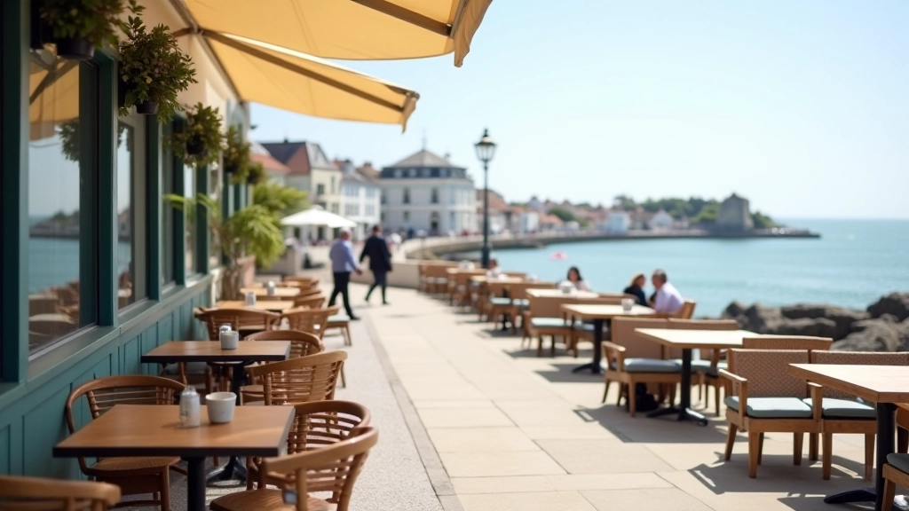 Café seating area on the promenade with sea views