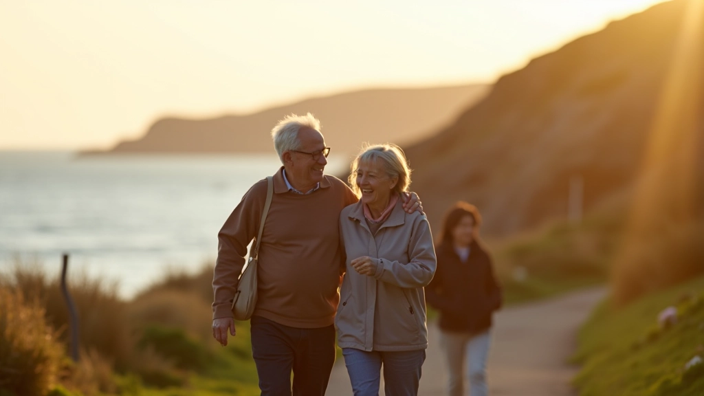 Retired couple walking together on scenic coastal promenade, enjoying conversation and views